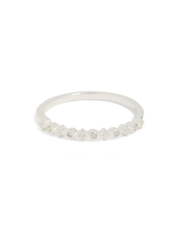 Designed with sterling silver cubic zirconia circle pave ring in clear stone close up view