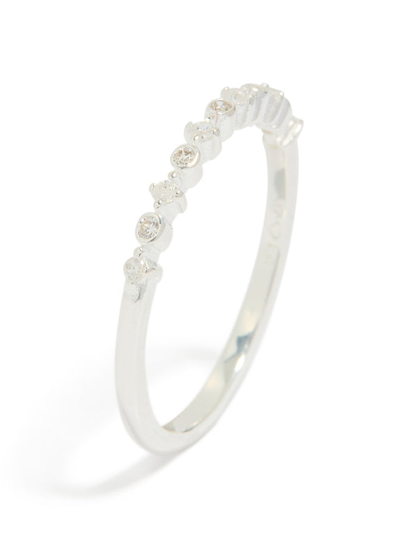 Showcasing sterling silver cubic zirconia circle pave ring in clear stone side detail view