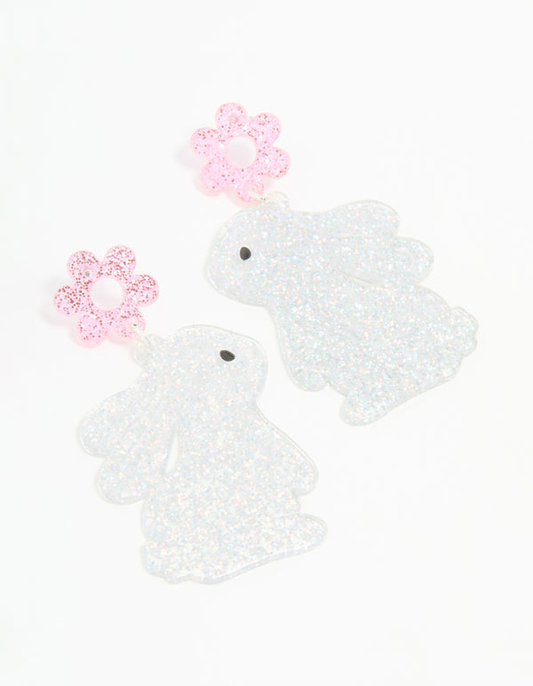 Silver Glitter Flower Bunny Drop Earrings