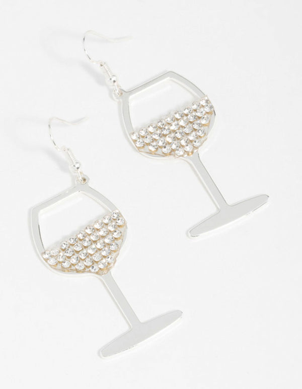 Silver Diamante Wine Glass Drop Earrings
