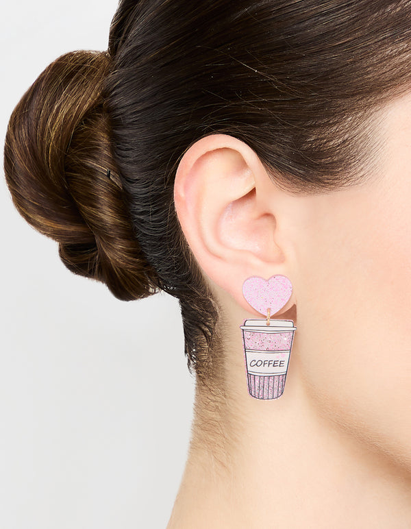 Silver Pink Heart Coffee Drop Earrings
