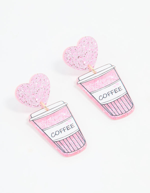 Silver Pink Heart Coffee Drop Earrings