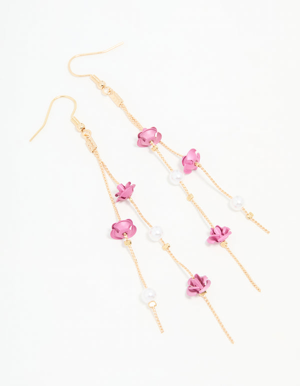 Gold Pearl & Pink Rose Chain Drop Earrings