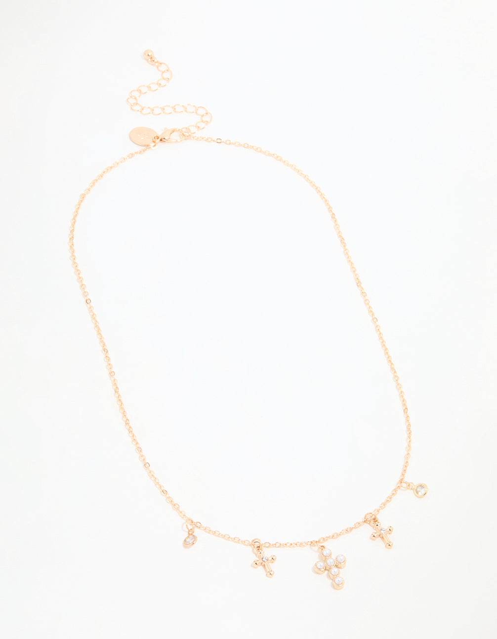 Gold Pearl Diamante Cross Charm Necklace