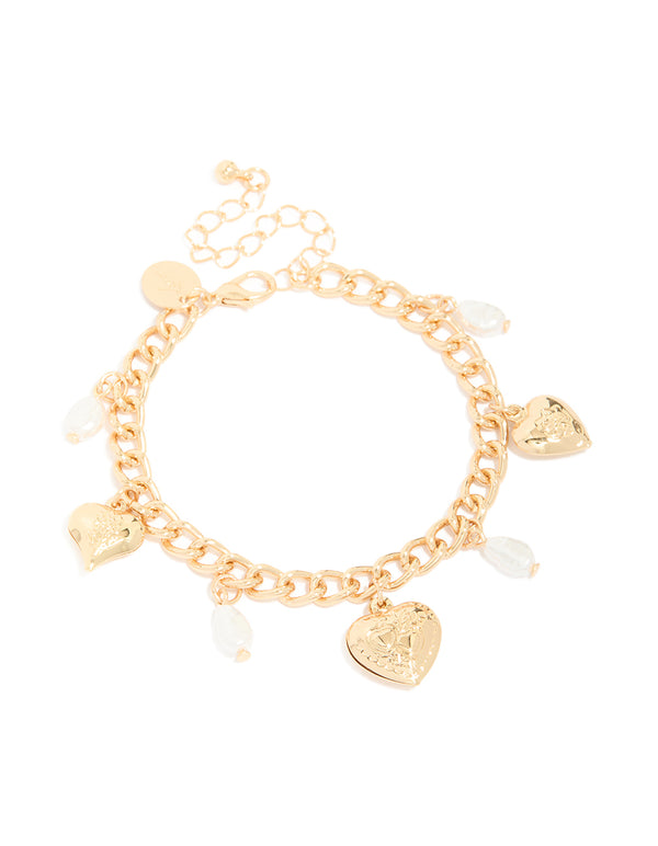 Gold Pearl Heart Charm Bracelet