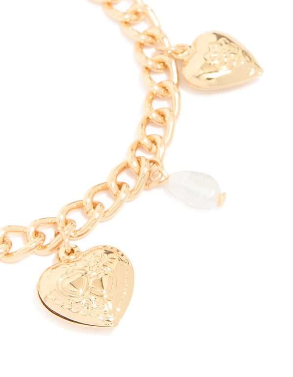Gold Pearl Heart Charm Bracelet