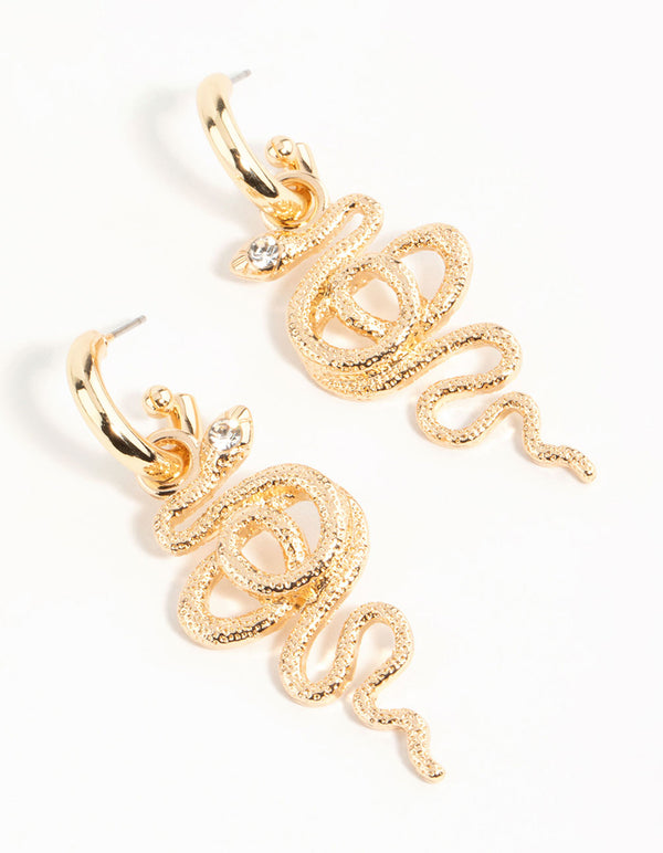Gold Curved Snake Hoop Earrings