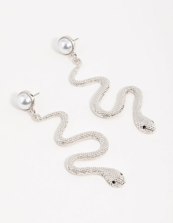 Silver Pearl Snake Drop Earrings
