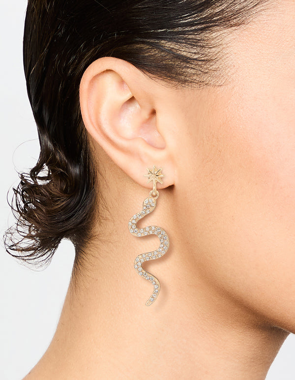 Gold Diamante Star & Snake Drop Earrings