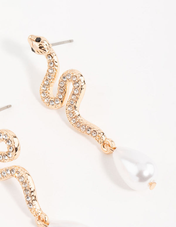 Gold Diamante & Pearl Snake Drop Earrings