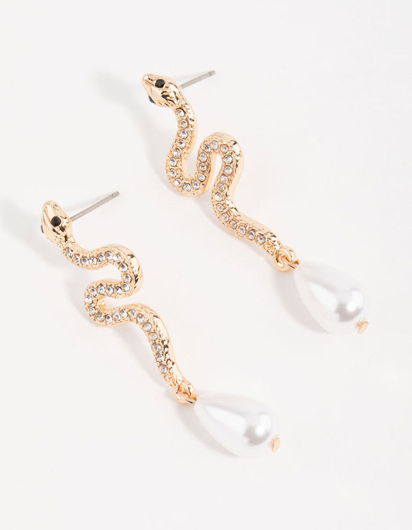 Gold Diamante & Pearl Snake Drop Earrings