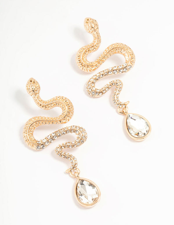 Gold Diamante Snake Drop Earrings
