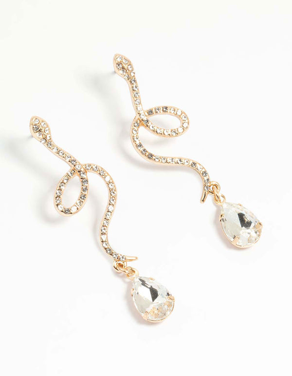 Gold Diamante Snake Drop Earrings