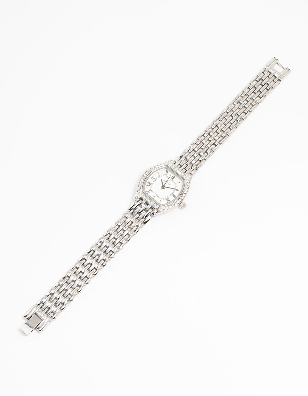 Sophisticated diamante timepiece showcasing with white dial, roman numeral look, women's formal analog design, and link band in silver front view