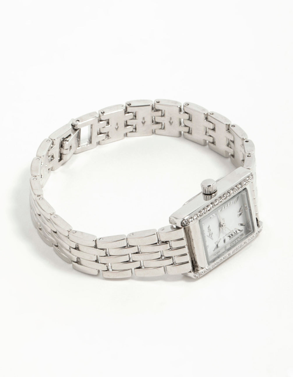 Explore this silver diamante roman numeral enamel rectangle watch with white dial featuring a roman look, rectangular shape designed for women, formal occasion analog timepiece with link band in strap color front view