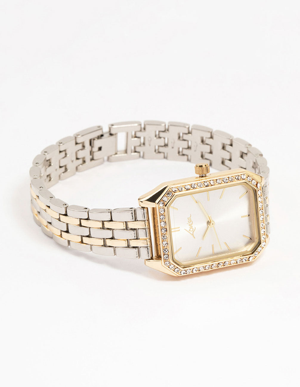 Showcasing a mixed metals diamante medium rectangle watch featuring white dial look with clear stones, women's formal analog timepiece on multi-color link band watch front view