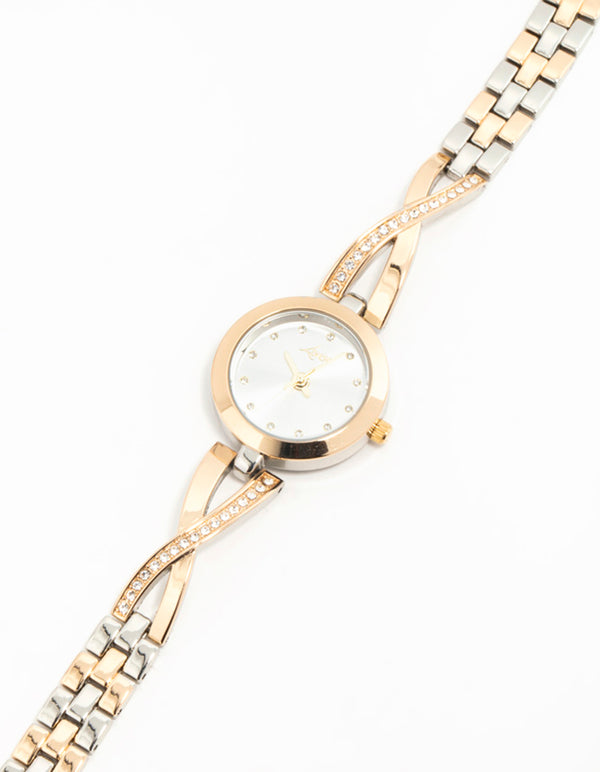 Mixed Metals Diamante Small Round Watch