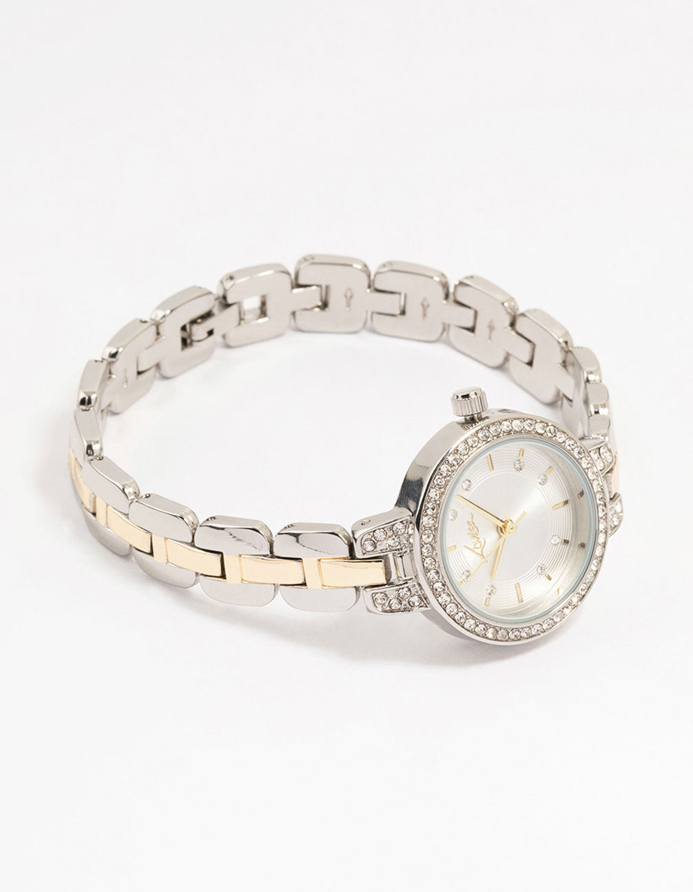 Elegant mixed metals small watch with a white dial and clear stones, round shape and diamante featuring multi-color link band designed for women analog casual wear front view