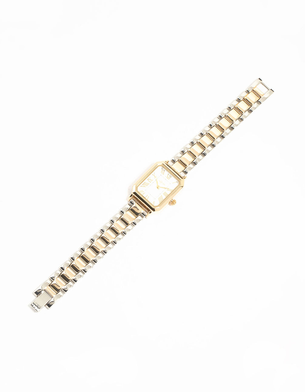 An elegant women's formal analog watch features a white roman dial in a rectangle shape with a link-band strap in multi-color mixed metals crafted from gold and silver front view