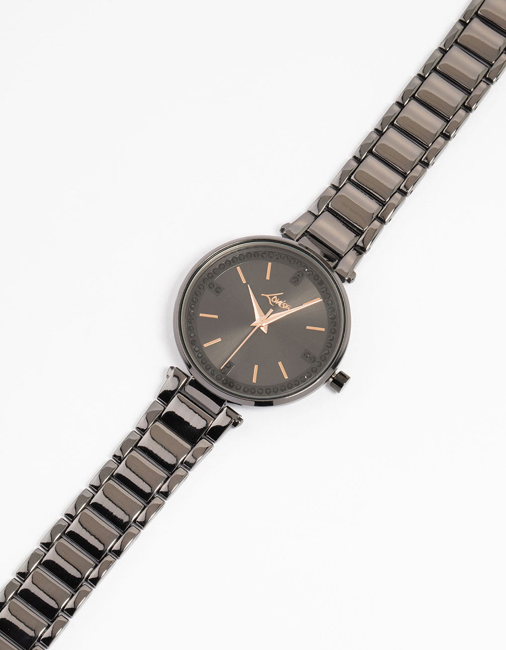 Discover this coated metal diamante watch featuring a round dial with stones in casual analog style, designed for women with a link-band strap watch face detail view