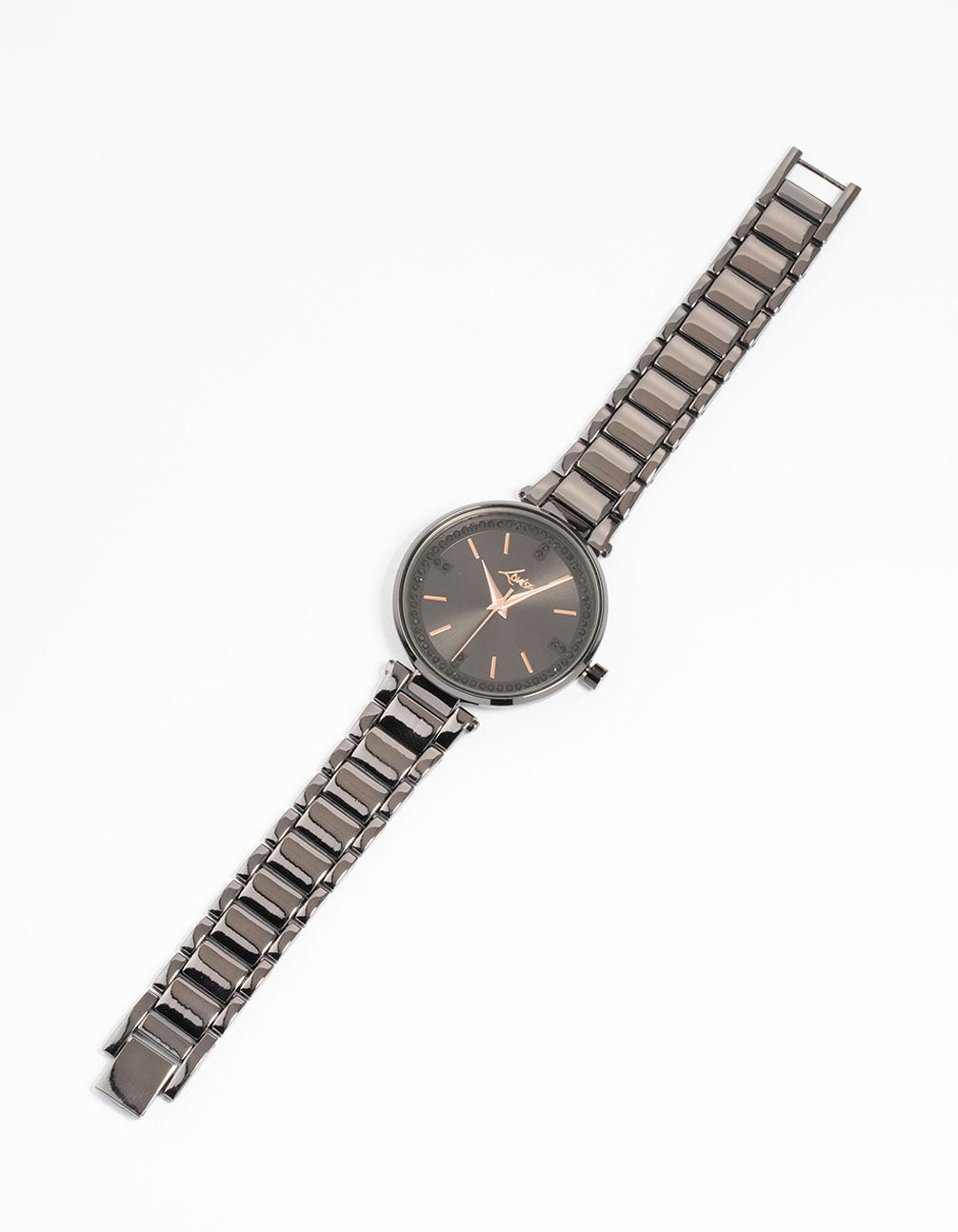 Featuring coated metal diamante watch featuring a round dial with stones in casual analog style, designed for women with a link-band strap front view