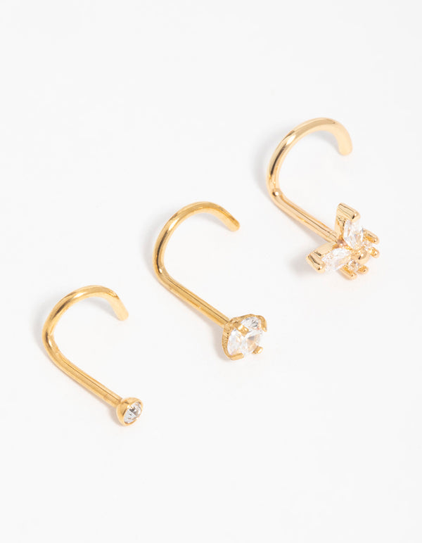 Gold Plated Surgical Steel Cubic Zirconia Butterfly Nose Piercings 3-Pack