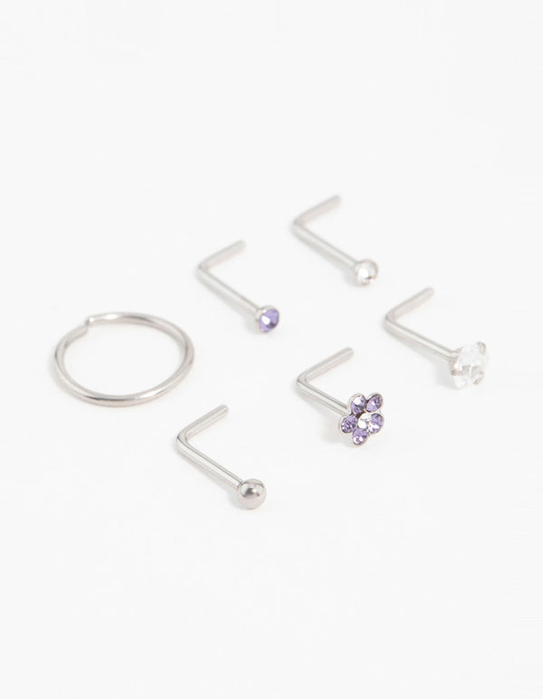 Surgical Steel Cubic Zirconia Flower Nose Piercing 6-Pack