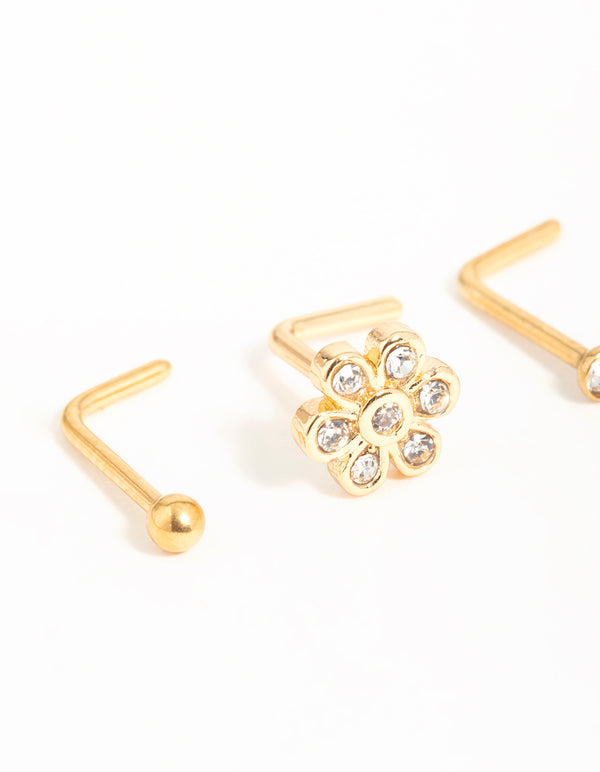 Gold Plated Surgical Steel Cubic Zirconia Flower Nose Piercings 3-Pack