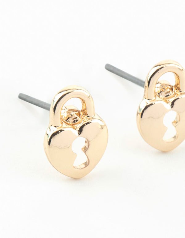 Gold Heart Lock Textured Stud Earrings