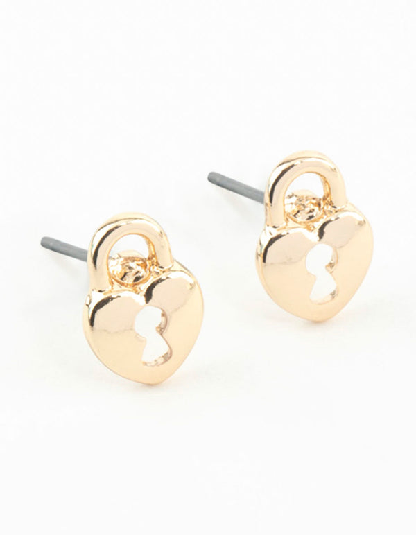 Gold Heart Lock Textured Stud Earrings