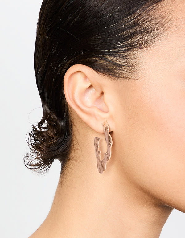 Gold Flat Hammered Flower Hoop Earrings