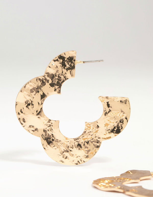 Gold Flat Hammered Flower Hoop Earrings