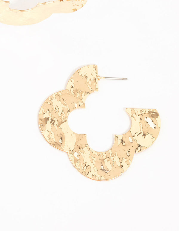 Gold Flat Hammered Flower Hoop Earrings
