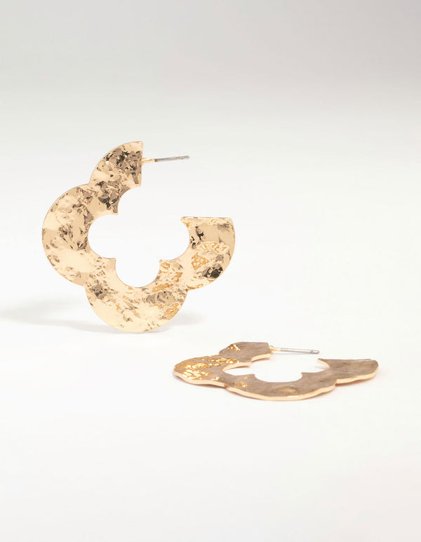 Gold Flat Hammered Flower Hoop Earrings