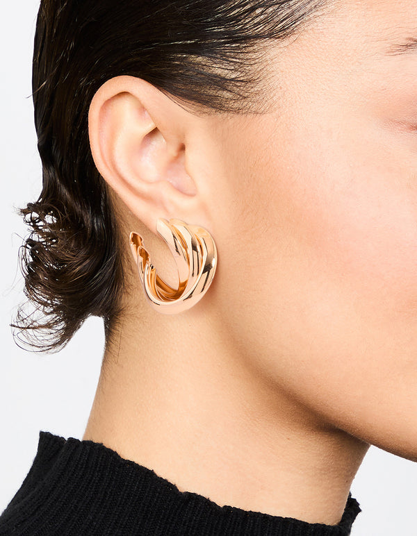 Gold Crossover Thick Hoop Earrings