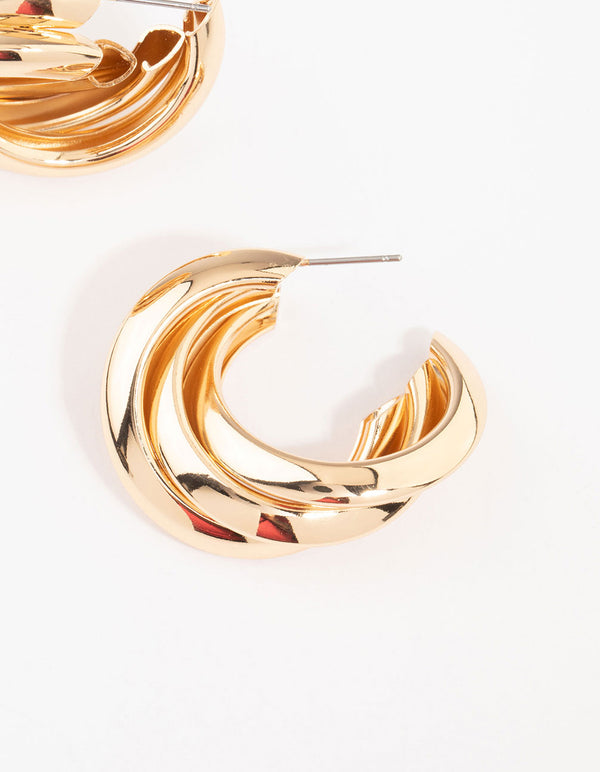 Gold Crossover Thick Hoop Earrings