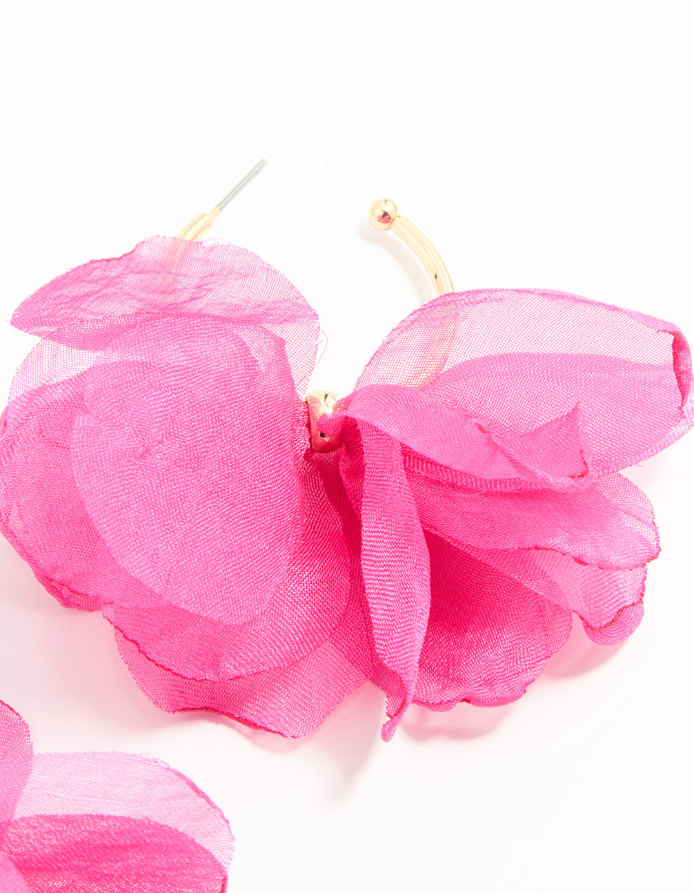 Gold Pink Fabric Flower Hoop Earrings