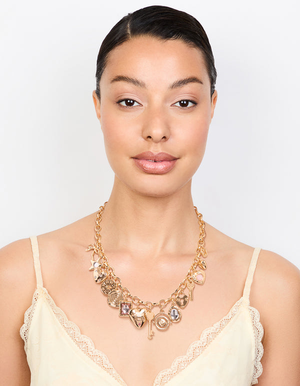 Gold Heart & Key Charm Necklace