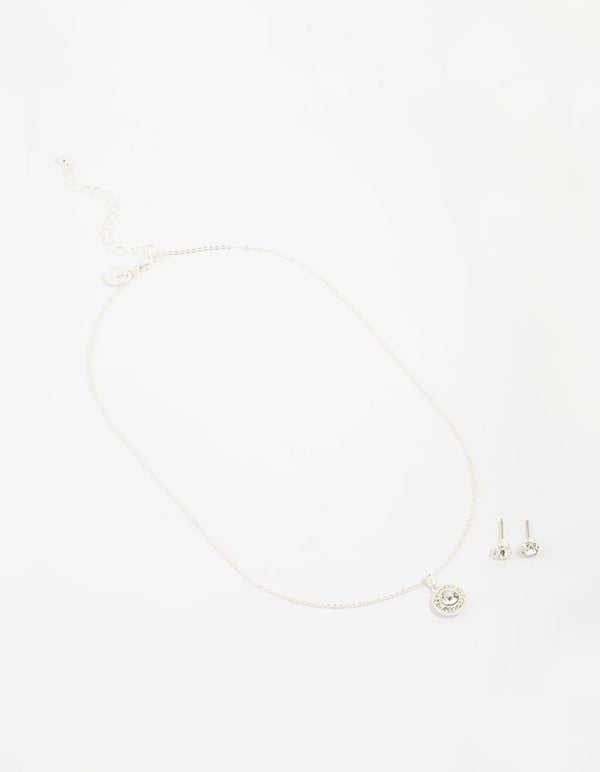 Silver Diamante Halo Necklace & Earrings Set