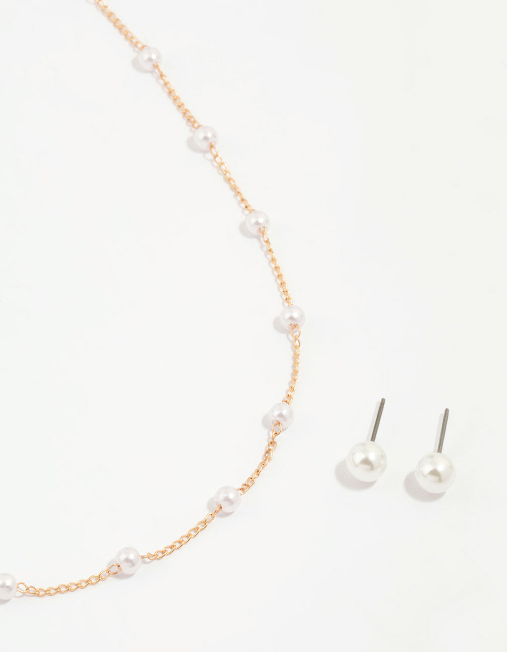 Gold Pearl Station Necklace & Earrings Set