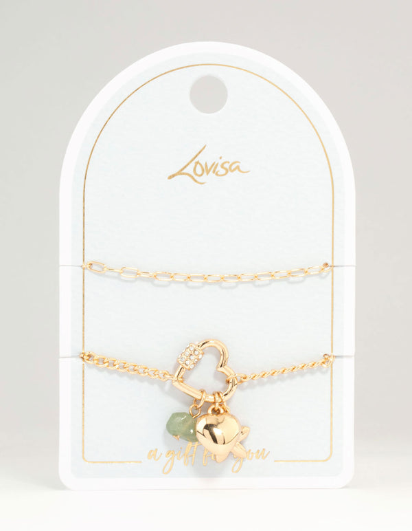 Gold Heart Semiprecious Charm Bracelets 2-Pack