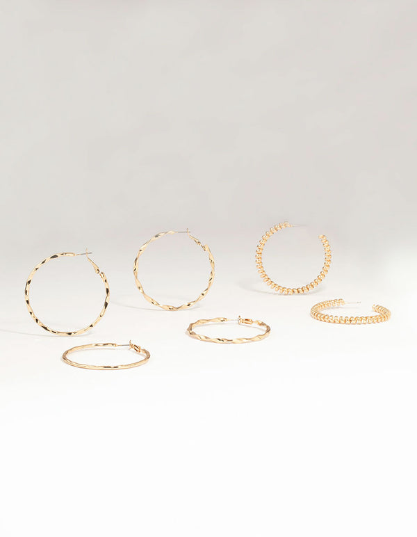 Gold Smooth & Twist Hoop Earrings 3-Pack