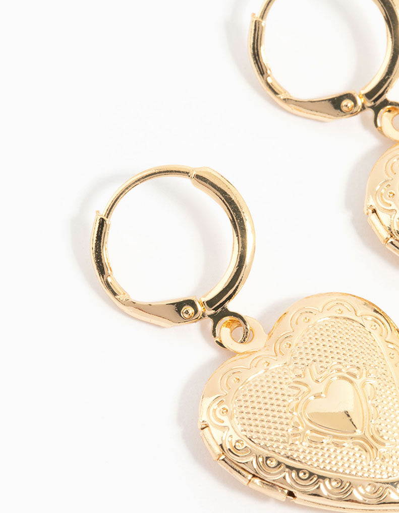 Gold Heart Locket Drop Earrings