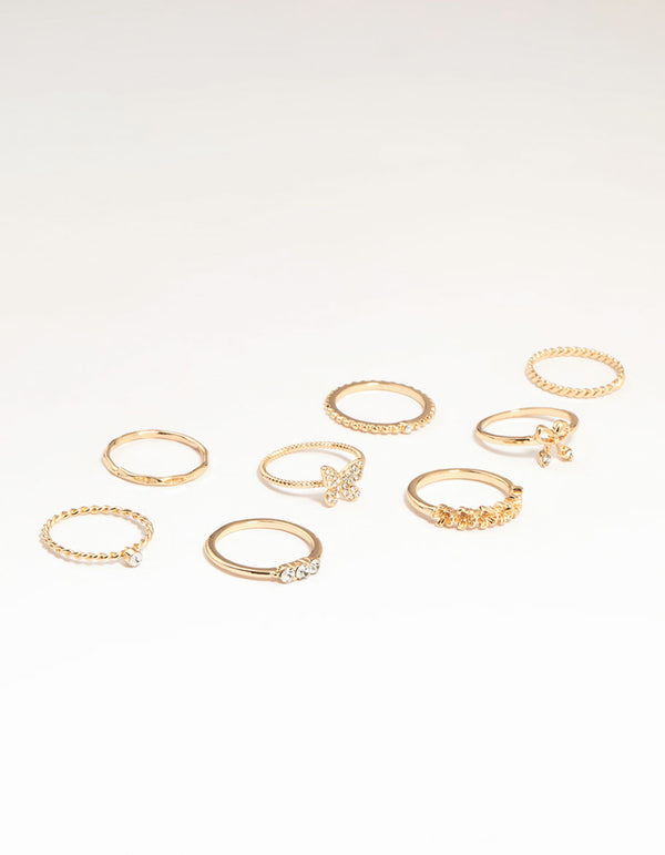 Gold Butterfly & Bow Rings 8-Pack