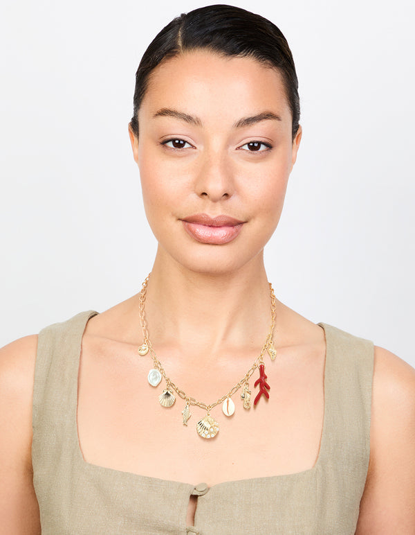 Gold Shell & Fish Charm Necklace