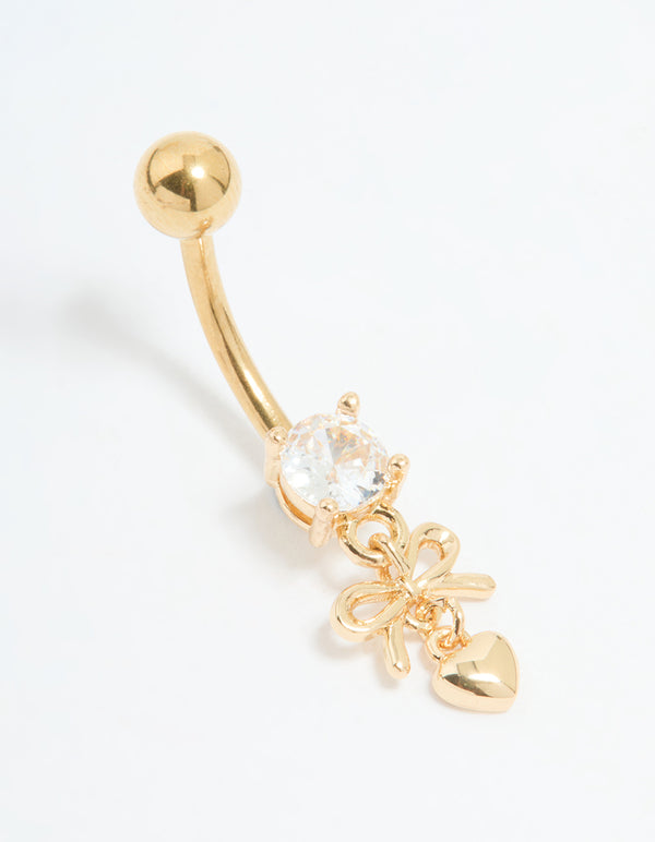 Gold Plated Surgical Steel Fine Heart & Bow Belly Bar