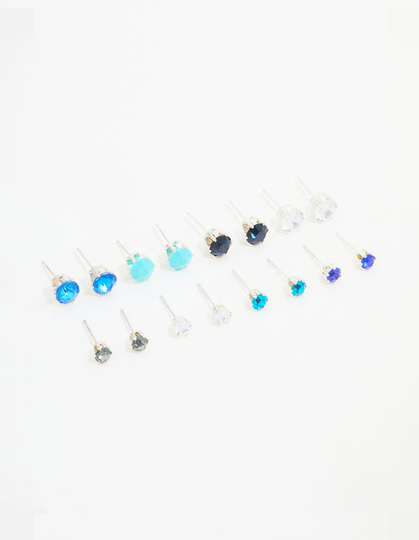 Silver Blue Diamante Stud Earrings 8-Pack