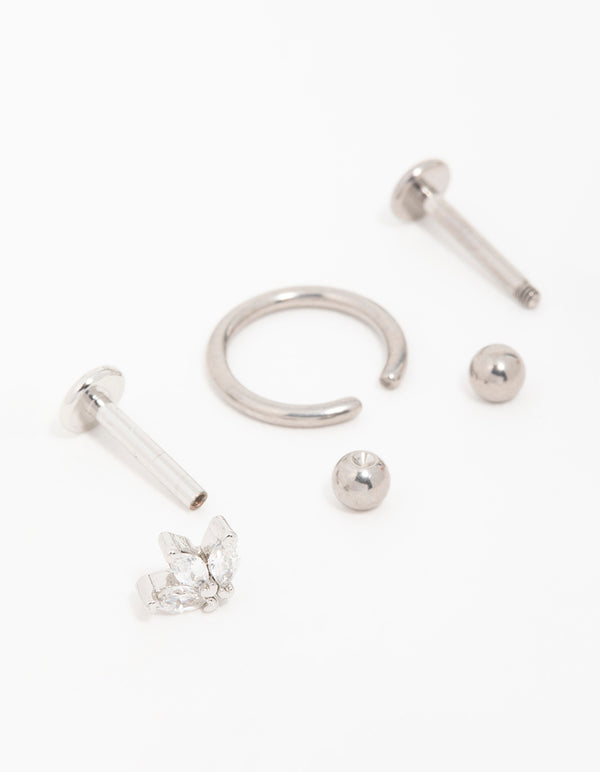 Titanium Clicker Ring & Cubic Zirconia Flat Back Earrings 3-Pack