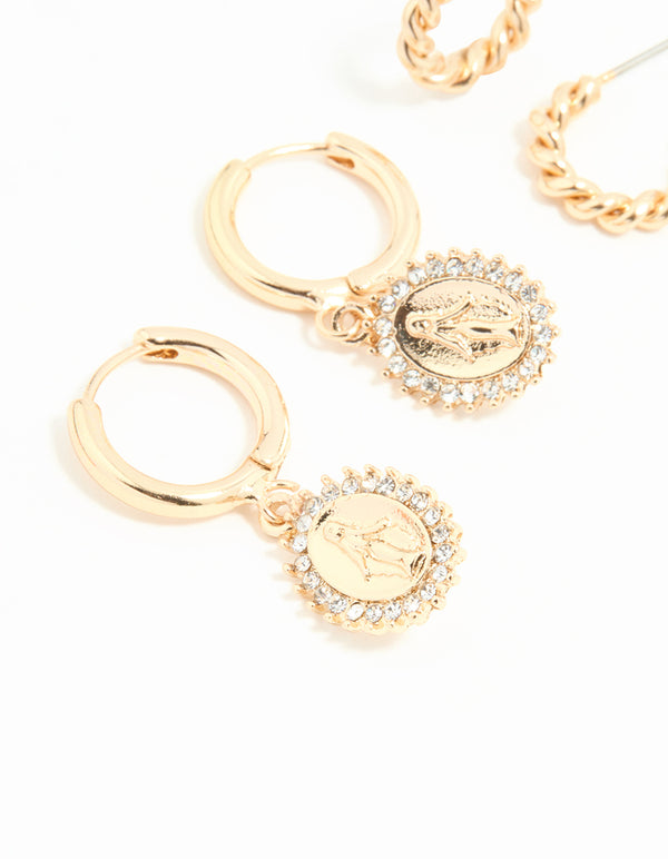 Gold Diamante Cross Huggie Earrings 3-Pack
