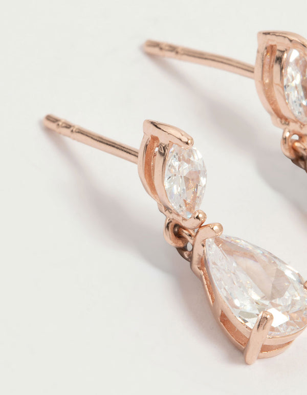 Rose Gold Plated Sterling Silver Cubic Zirconia Marquise & Pear Drop Stud Earrings
